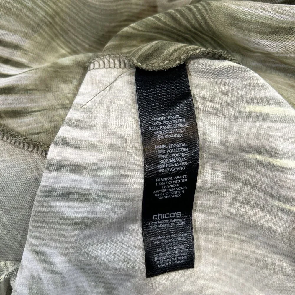Chicos 3 Travelers Cardigan Green Frond Feather Open Front Semi Sheer Women's XL